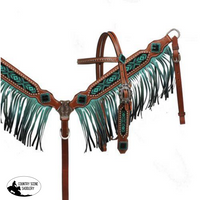 New! Showman® Beaded Headstall And Breast Collar With Ombre Fringe. Teal