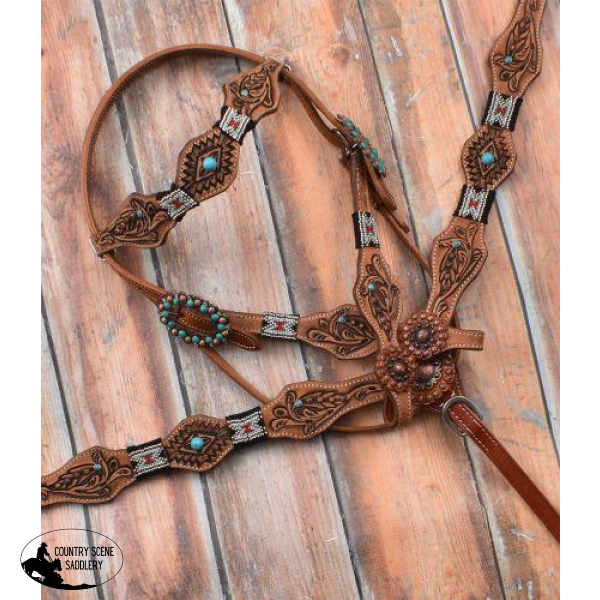 New! Showman ® Beaded Headstall And Breastcollar Set With Tribal Tooling.