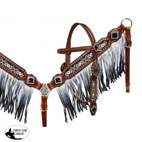 New! Showman® Black And White Beaded Headstall Breast Collar With Ombre Fringe.