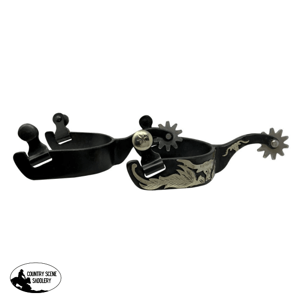 Showman ® Black Steel Spurs With Engraved Longhorn Overlay