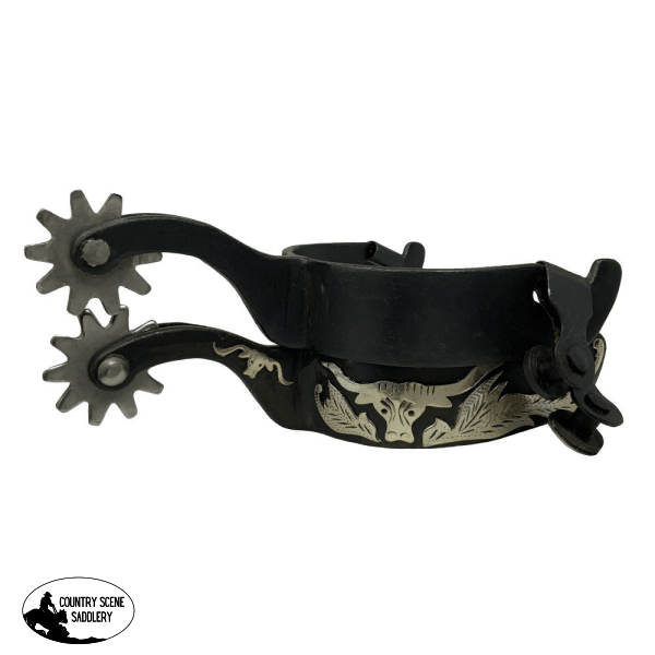 Showman ® Black Steel Spurs With Engraved Longhorn Overlay
