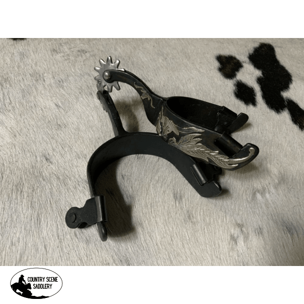 Showman ® Black Steel Spurs With Engraved Longhorn Overlay