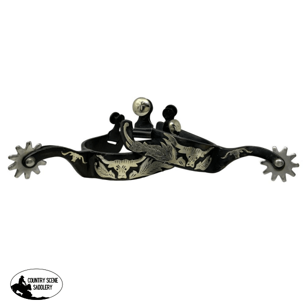 Showman ® Black Steel Spurs With Engraved Longhorn Overlay