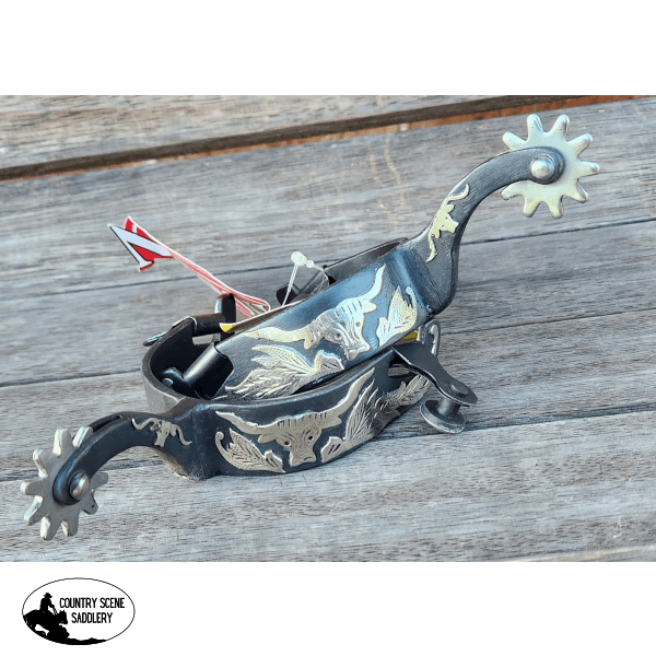 Showman ® Black Steel Spurs With Engraved Longhorn Overlay