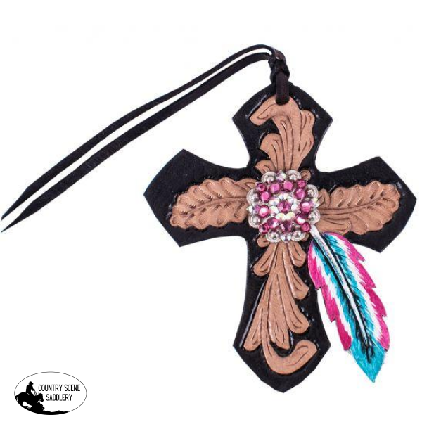 New! Showman ® Black Tie On Leather Cross With Pink And Turquoise Feather.
