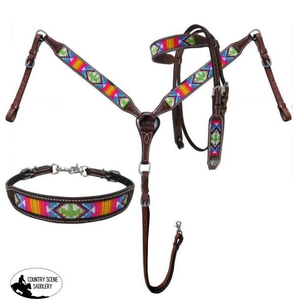 New! Showman ® Brightly Beaded Southwest And Cactusheadstall Breastcollar.