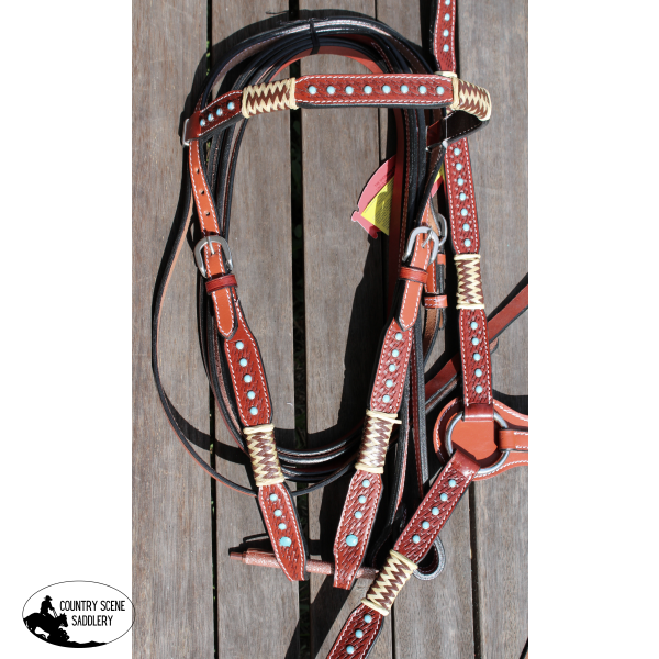 Showman ® Browband Rawhide Braided Headstall And Breast Collar Set With Turquoise Studs.
