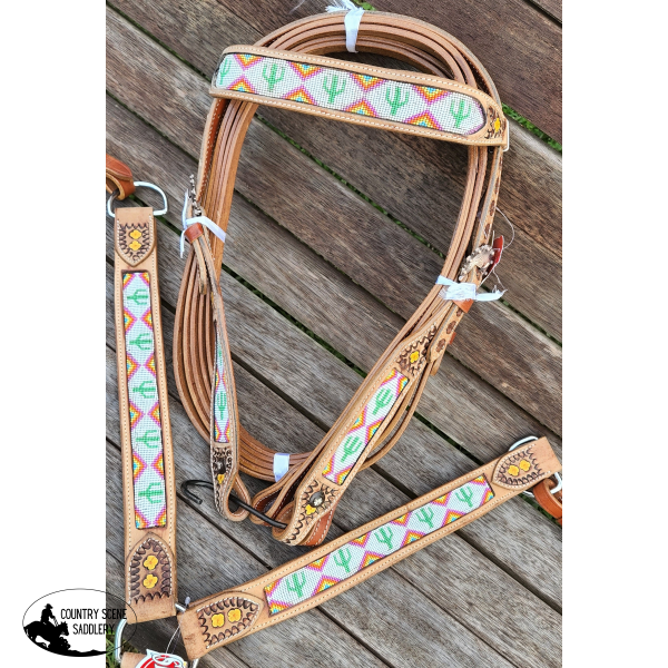 Showman ® Cactus Print Beaded Headstall And Breast Collar Set. 