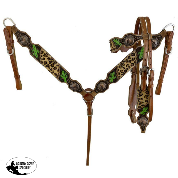 New! Showman ® Cheetah Headstall And Breast Collar Set With Painted Cactus Accents.