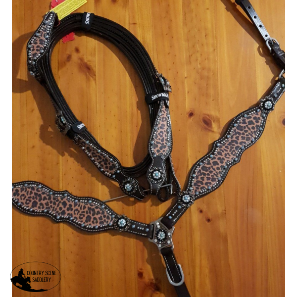 New! Showman ® Cheetah Print One Ear Headstall And Breast Collar Set With Turquoise Accents.