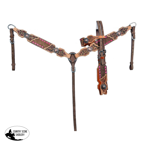 Showman ® Chocolate Oiled Browband Headstall And Breast Collar Set With Buck Stitch & Flower Tooling