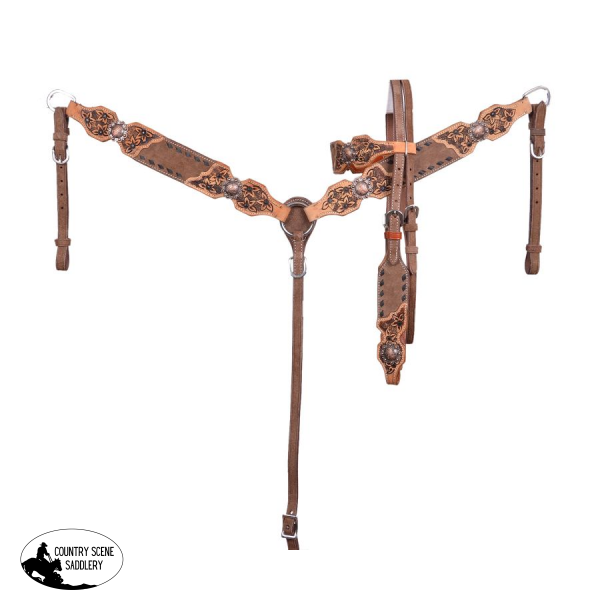 Showman ® Chocolate Oiled Browband Headstall And Breast Collar Set With Buck Stitch & Flower