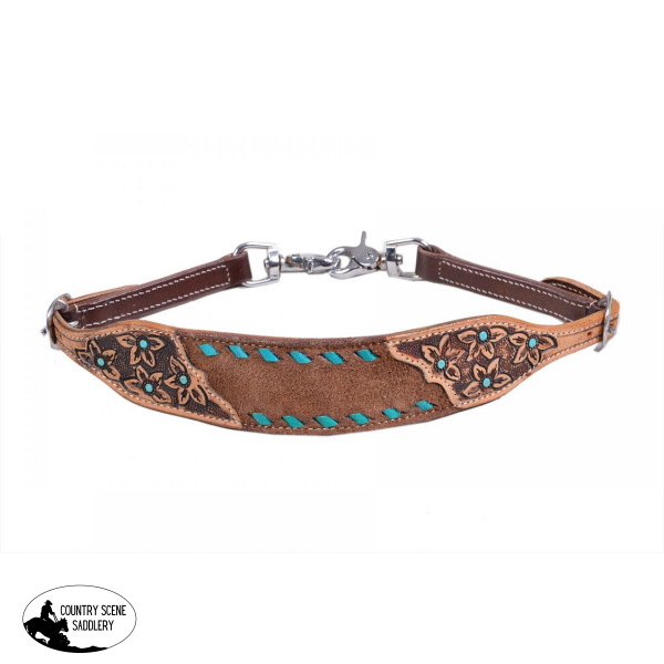 Showman® Chocolate Oiled Rough Out Leather Wither Strap With Teal Buck Stitch Trim.