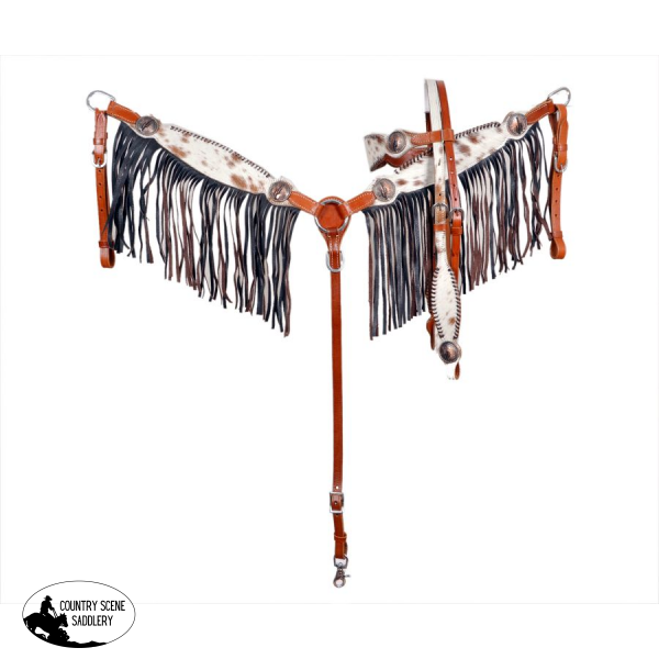 Showman ® Cowhide Inlay Browband Headstall And Breast Collar Set » Hair On Ccowhide Headstall Breast