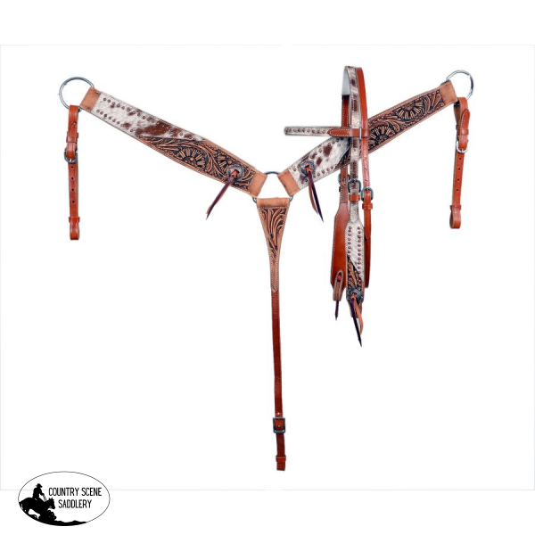Showman ® Cowhide Inlay Browband Headstall And Breast Collar Set With Copper Beading. » Hair On