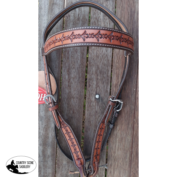 Showman ® Dark Brown And Medium Argentina Cow Leather Headstall With Barbwire Tooling.