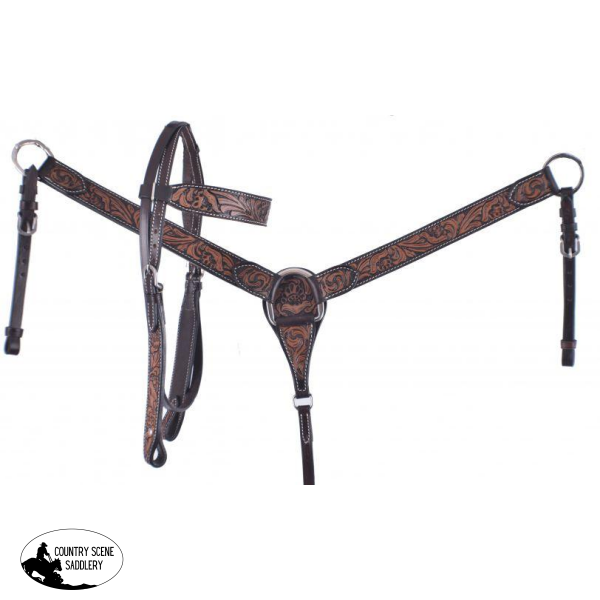 New! Showman ® Dark Brown Leather Headstall And Breast Collar Set With Floral Tooling.