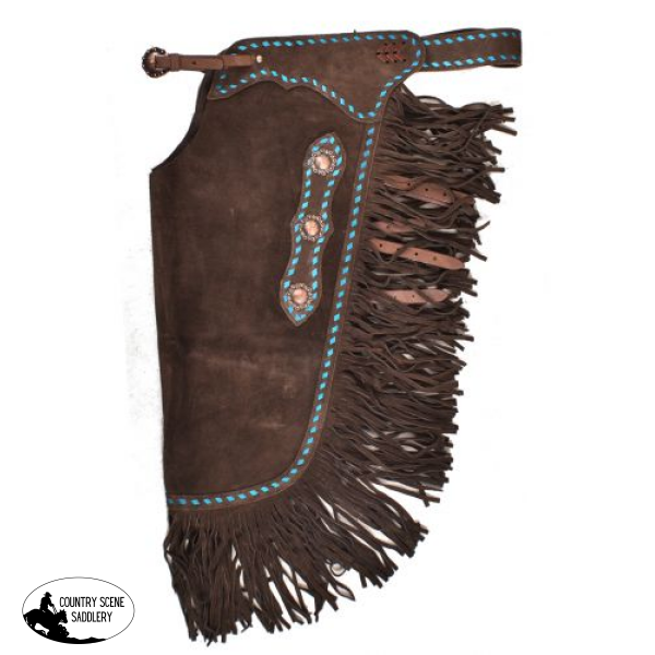 Showman ® Dark Brown Suede Leather Chinks With Turquoise Buckstitch. Chinks