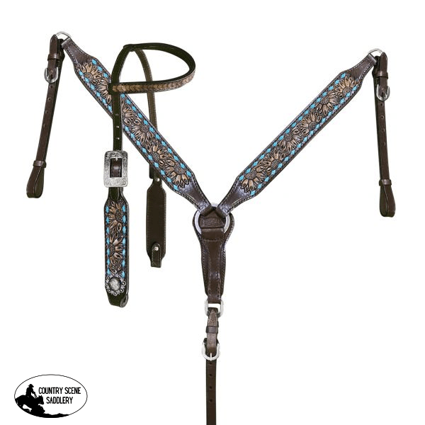 Showman ® Dark Oil Tooled Single Ear Headstall And Breast Collar Set With Rawhide Lacing. Tack Sets