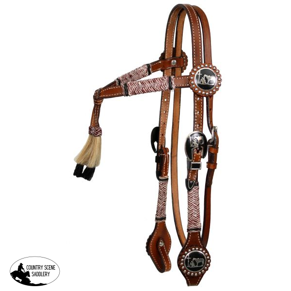 Showman ® Double Stitched Leather Furturity Knot Rawhide Braided Headstall With Horse Hair Tassel.
