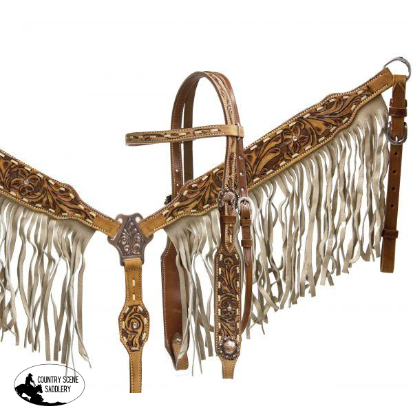 Showman ® Double Stitched Leather Headstall And Breast Collar Set With Tan Suede Fringe Floral