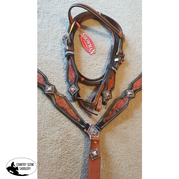 New! Showman ® Double Stitched Medium Leather Headstall And Breast Collar Set With Brushed Copper