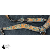 Showman ® Floral Tooled Design Browband Bridle With Teal Underlay Rawhide Braided Headstall And