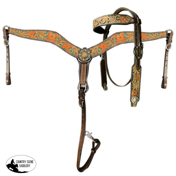 Showman ® Floral Tooled Design Browband Bridle With Teal Underlay Rawhide Braided Headstall And
