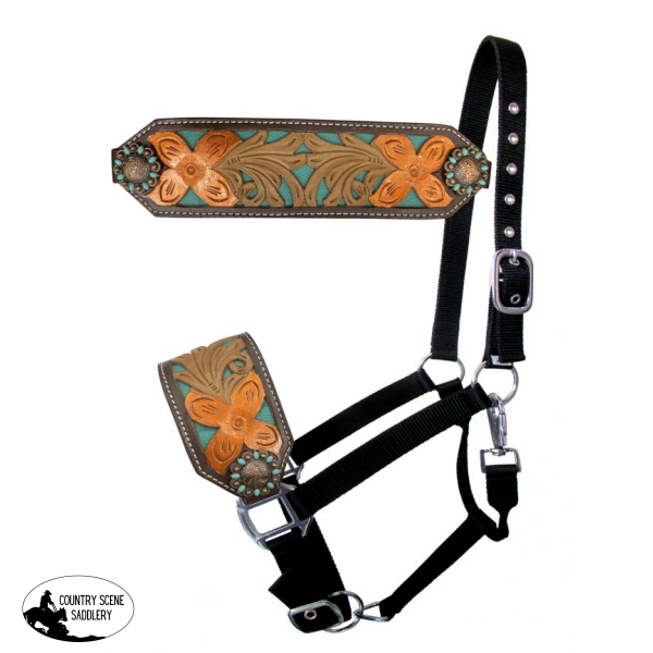 Showman ® Floral Tooled Nylon Bronc Halter With Teal Inlay. Stirrups