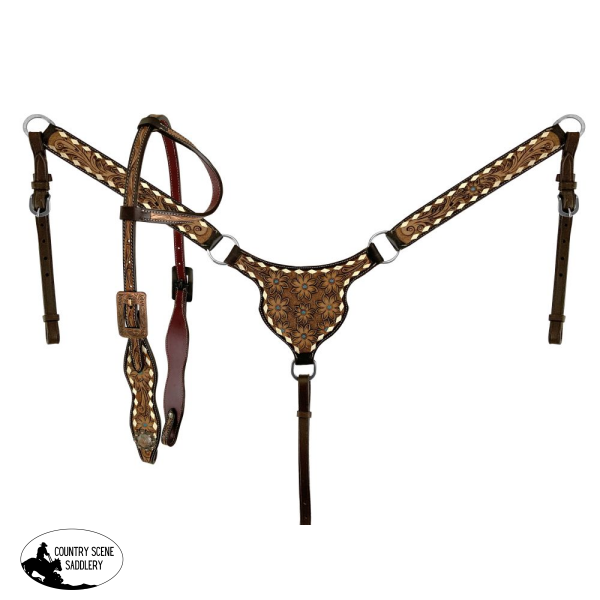Showman ® Flower Tooled Buckstitch One Ear Headstall And Breast Collar Set Tack Sets