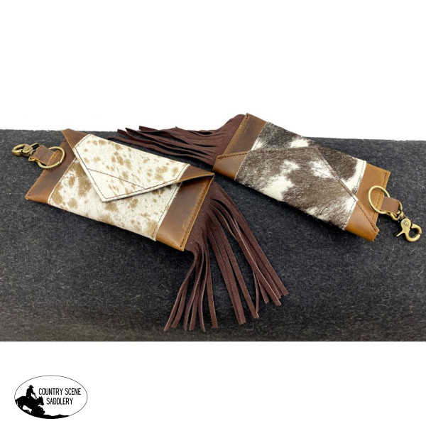 Showman ® Hair On Cowhide Phone Holder With Fringe. Saddle Pouches Sacks Horn Bags