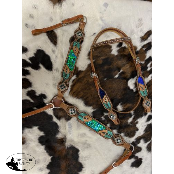 Showman ® Hand Painted Browband Headstall And Breastcollar Set With Feather Design. Bridle