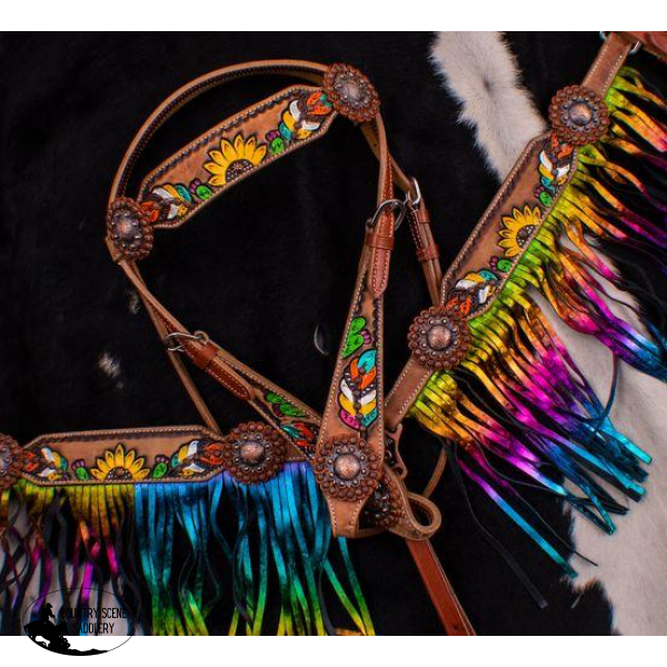 New! Showman ® Hand Painted Feather Sunflower And Cactus Brow Band Headstall Breast Collar Set.