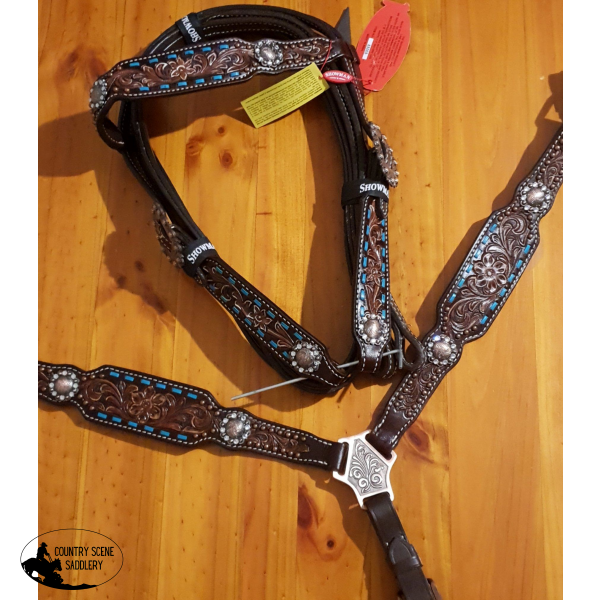 New! ~Showman ® Hand Painted Floral Tooled Headstall And Breast Collar With Teal Buck Stitch.
