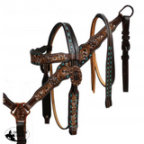 Showman ® Hand painted floral tooled headstall and breast collar with teal buck stitch. - Country Scene Saddlery and Pet Supplies