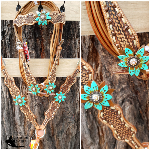New! ~Showman ® Hand Painted Leather 3D Teal/brown Flowers.