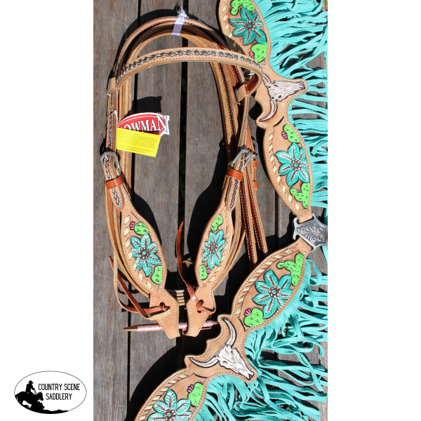 Showman ® Hand Painted Steer Skull And Cactus Headstall Breast Collar Set.