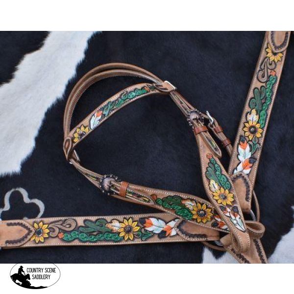 New! Showman ® Hand Painted Sunflower And Cactus Browband Headstall Breastcollar Set Headstall