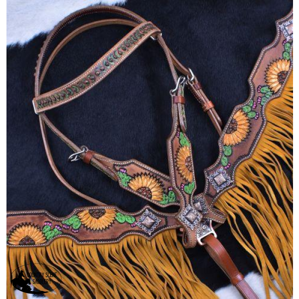 New! Showman ® Hand Painted Sunflower And Cactus Browband Headstall Breastcollar Set With Fringe.