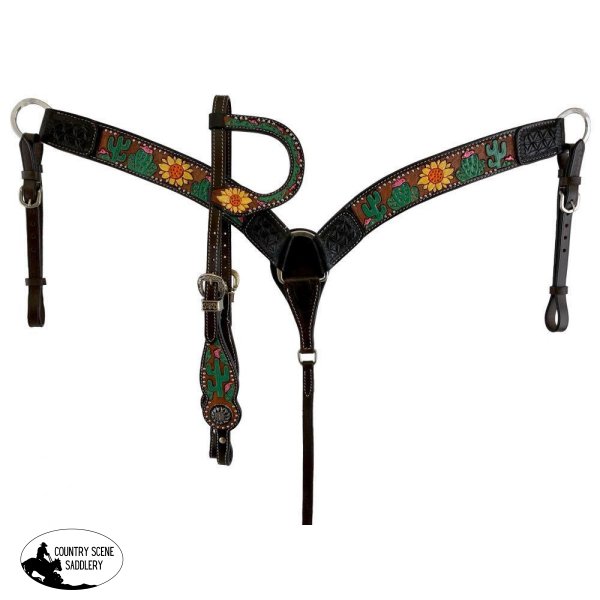 New! Showman ® Hand Painted Sunflower And Cactus Headstall Breastcollar.