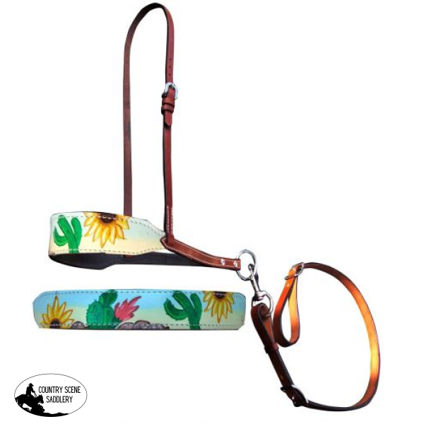 Showman ® Hand Painted Sunflower And Cactus Print Overlay Leather Tie Down Noseband Strap. Horse