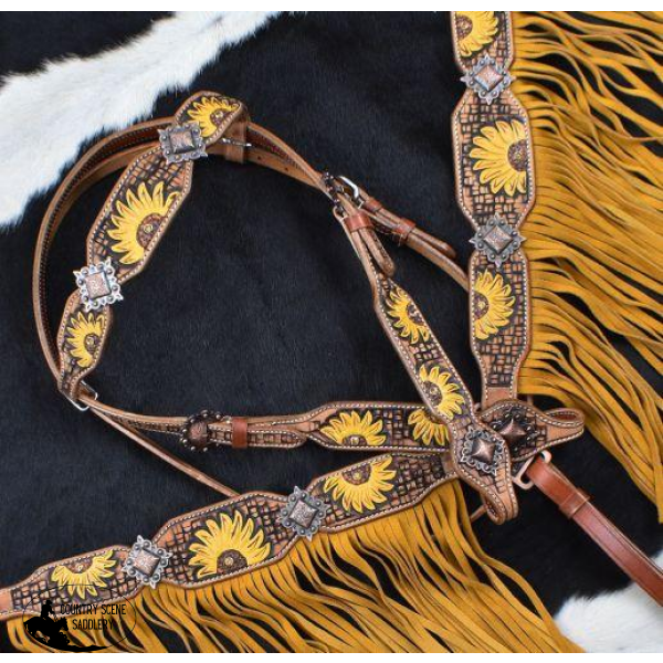 New! Showman ® Hand Painted Sunflower Browband Headstall And Breastcollar Set With Fringe.