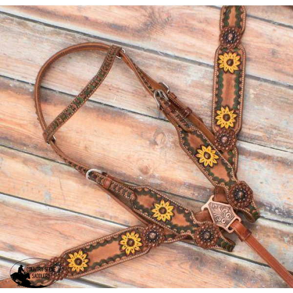 New! Showman ® Hand Painted Sunflower Leather Browband Headstall And Breast Collar Set.