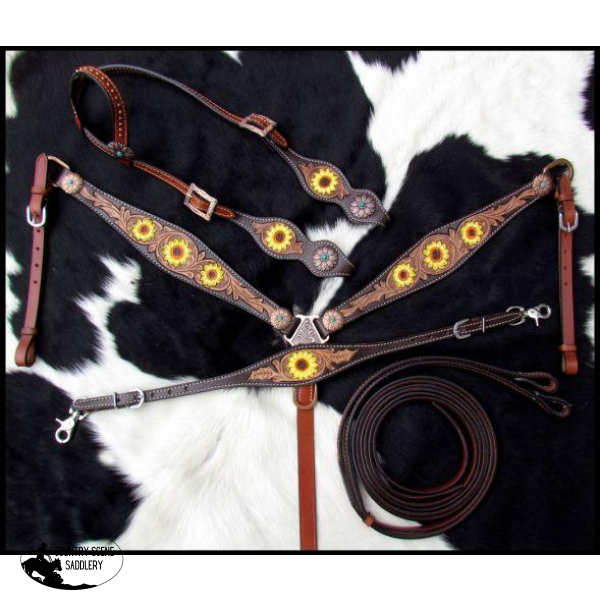 New! Showman ® Hand Painted Sunflower Leather Single Ear Headstall And Breastcollar Set.