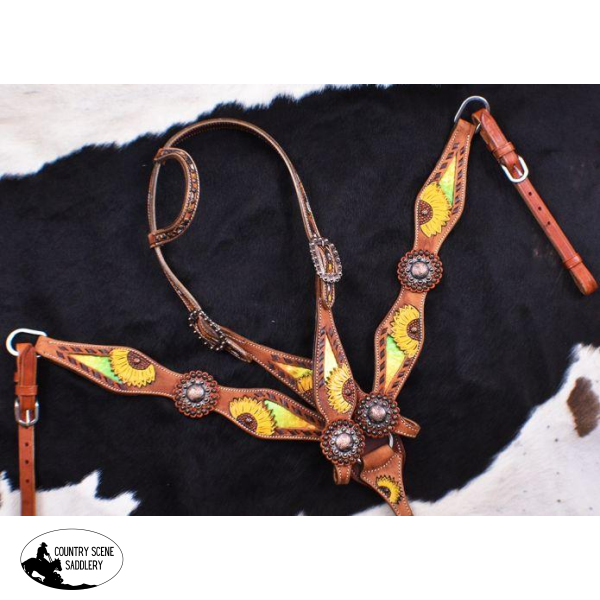 New! Showman ® Hand Painted Sunflower Single Ear Headstall And Breastcollar Set With Multi Colored