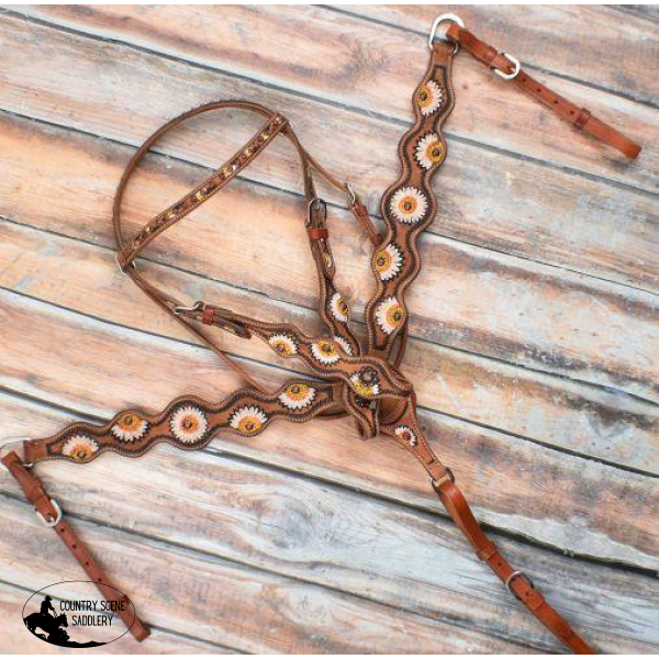 New! Showman ® Hand Painted White Daisy Leather Browband Headstall And Breast Collar Set.