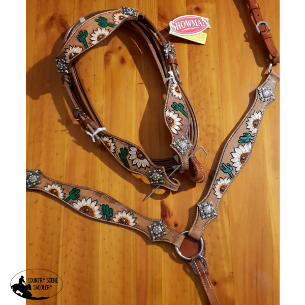 New! Showman ® Hand Painted White Sunflower And Cactus Browband Headstall Breastcollar Set.