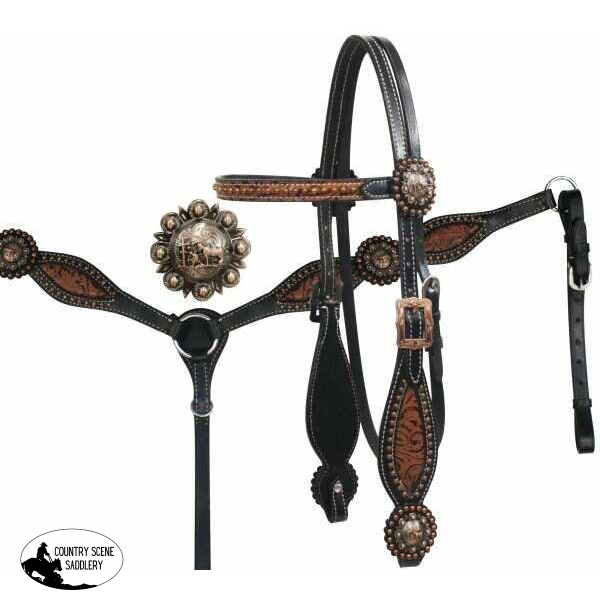 New! Showman ® Headstall And Breast Collar Set With Brown Filigree. Black