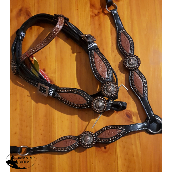New! Showman ® Headstall And Breast Collar Set With Brown Filigree Inlay Praying Cowboy Conchos.