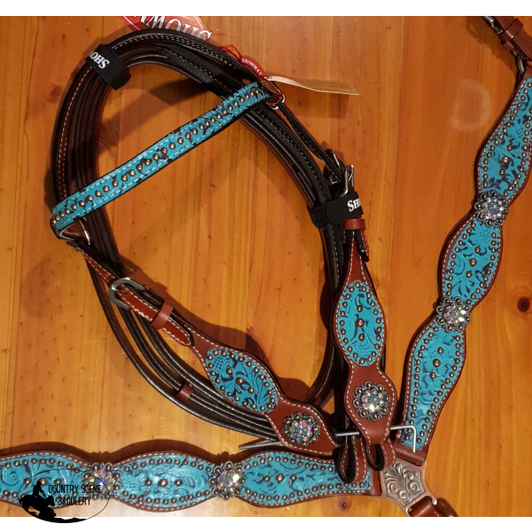 New! Showman ® Headstall And Breast Collar Set With Teal Brown Filigree Print.